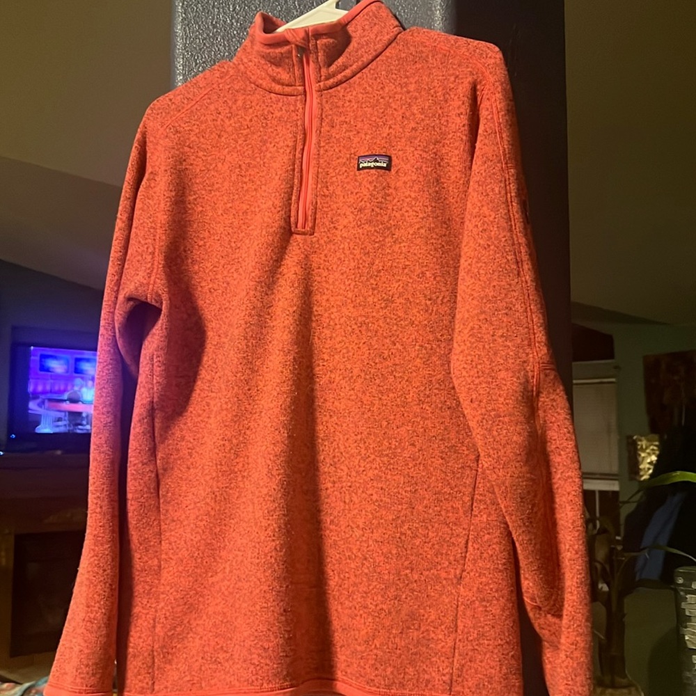 Salmon Patagonia sweater top layer pullover with zipper.